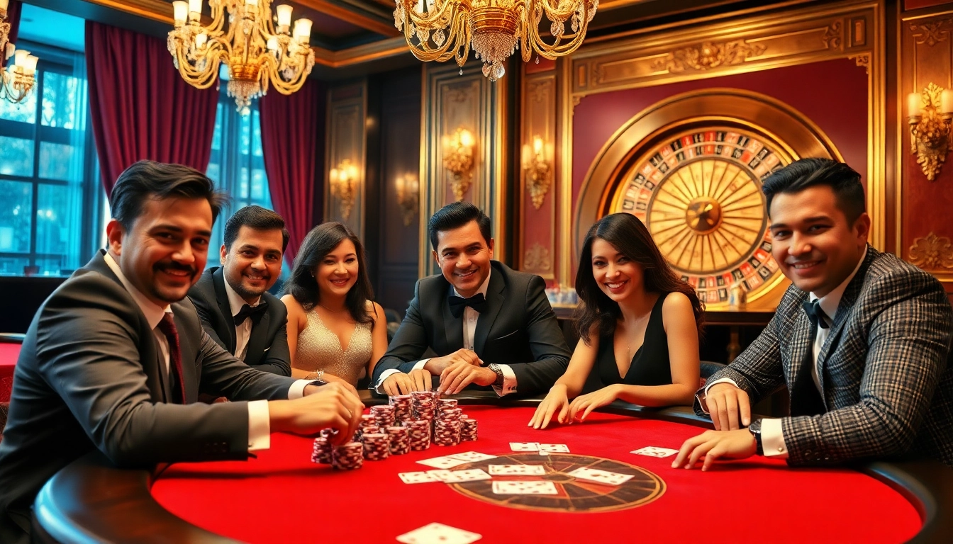 Experience the thrill of gambling at Hi88.wedding with an upscale poker game featuring focused players and vibrant casino decor.