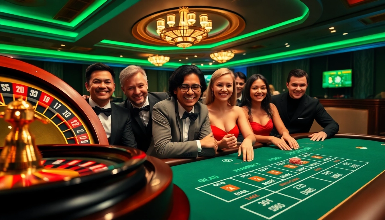 Engaging players enjoying online gaming at OK365 com casino tables, featuring vibrant poker chips and roulette.