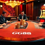 Players engaged in a thrilling poker game at a GG88 branded casino table, surrounded by glamorous elements.
