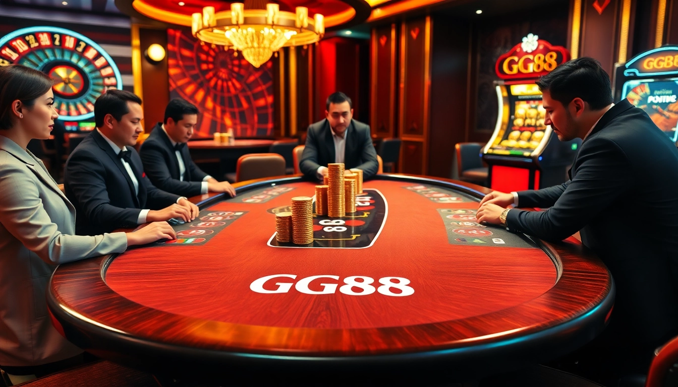 Players engaged in a thrilling poker game at a GG88 branded casino table, surrounded by glamorous elements.