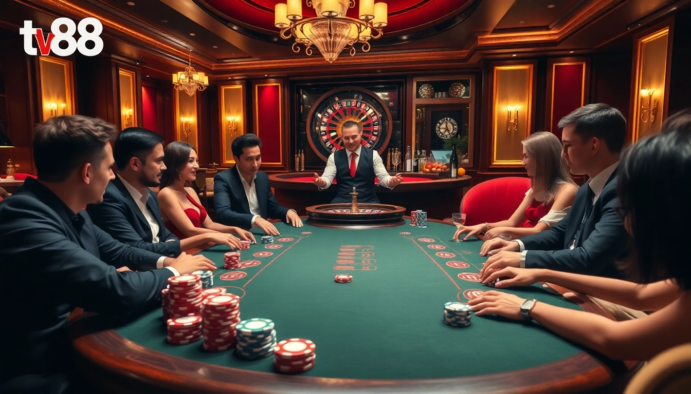Players enjoying an exhilarating game of poker at tv88 casino, with vibrant atmosphere and professional dealers.