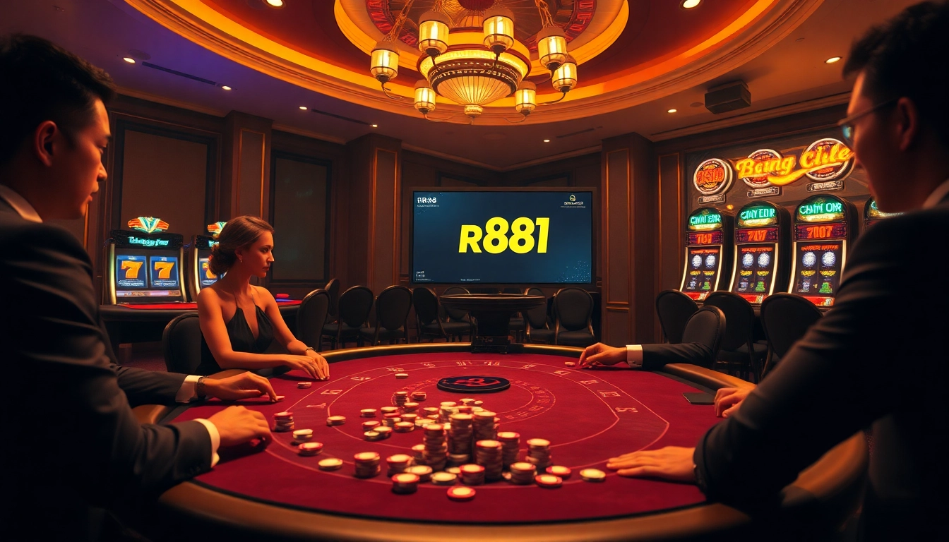 Players enjoying games at trang chủ rr88, featuring poker and roulette in a vibrant casino setting.