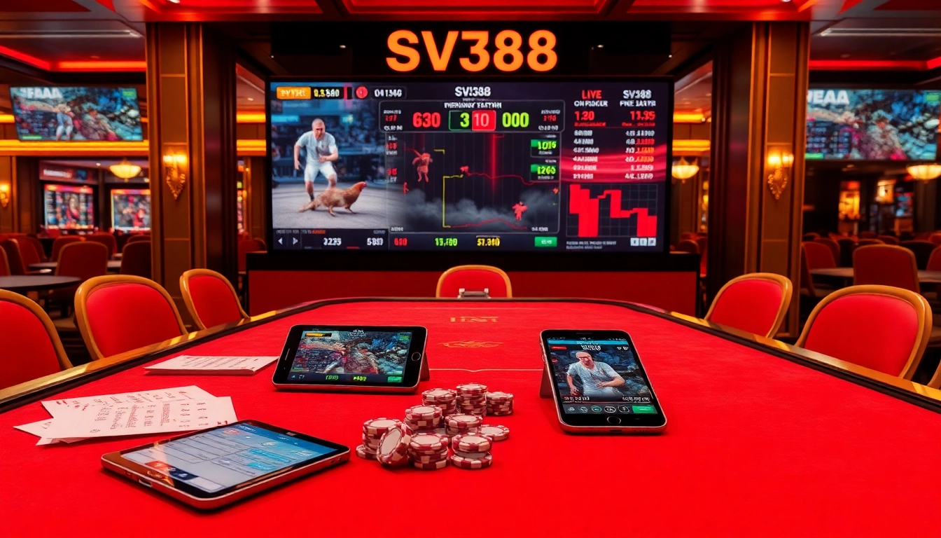 SV388 online cockfighting live stream betting interface in a luxurious casino setting.