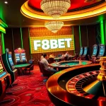 Engaged players enjoying F8BET's dynamic online gambling environment with casino tables, cards, and slot machines.