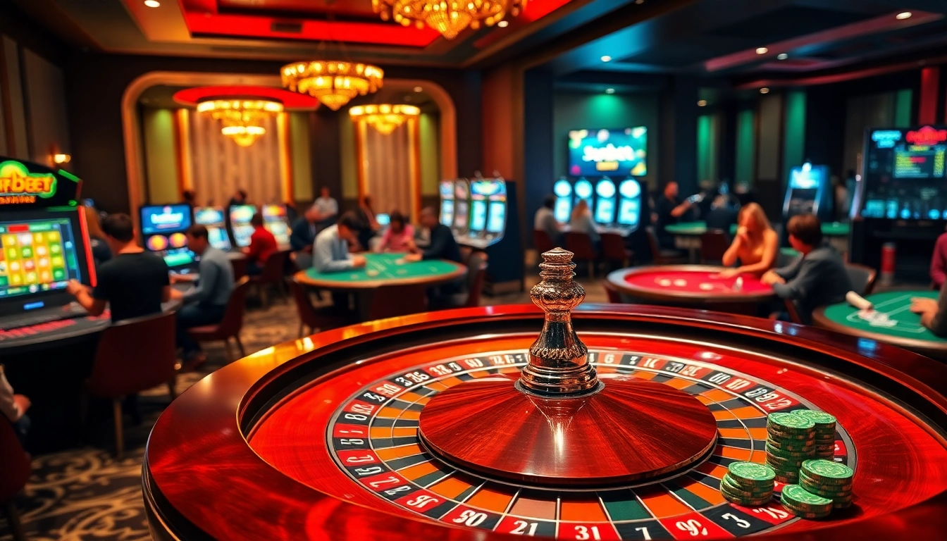 Experience high-stakes action at Superbet's casino with roulette, poker chips, and vibrant players immersed in games.