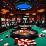 Players enjoying vibrant casino games at tk88, surrounded by colorful slot machines and poker tables.