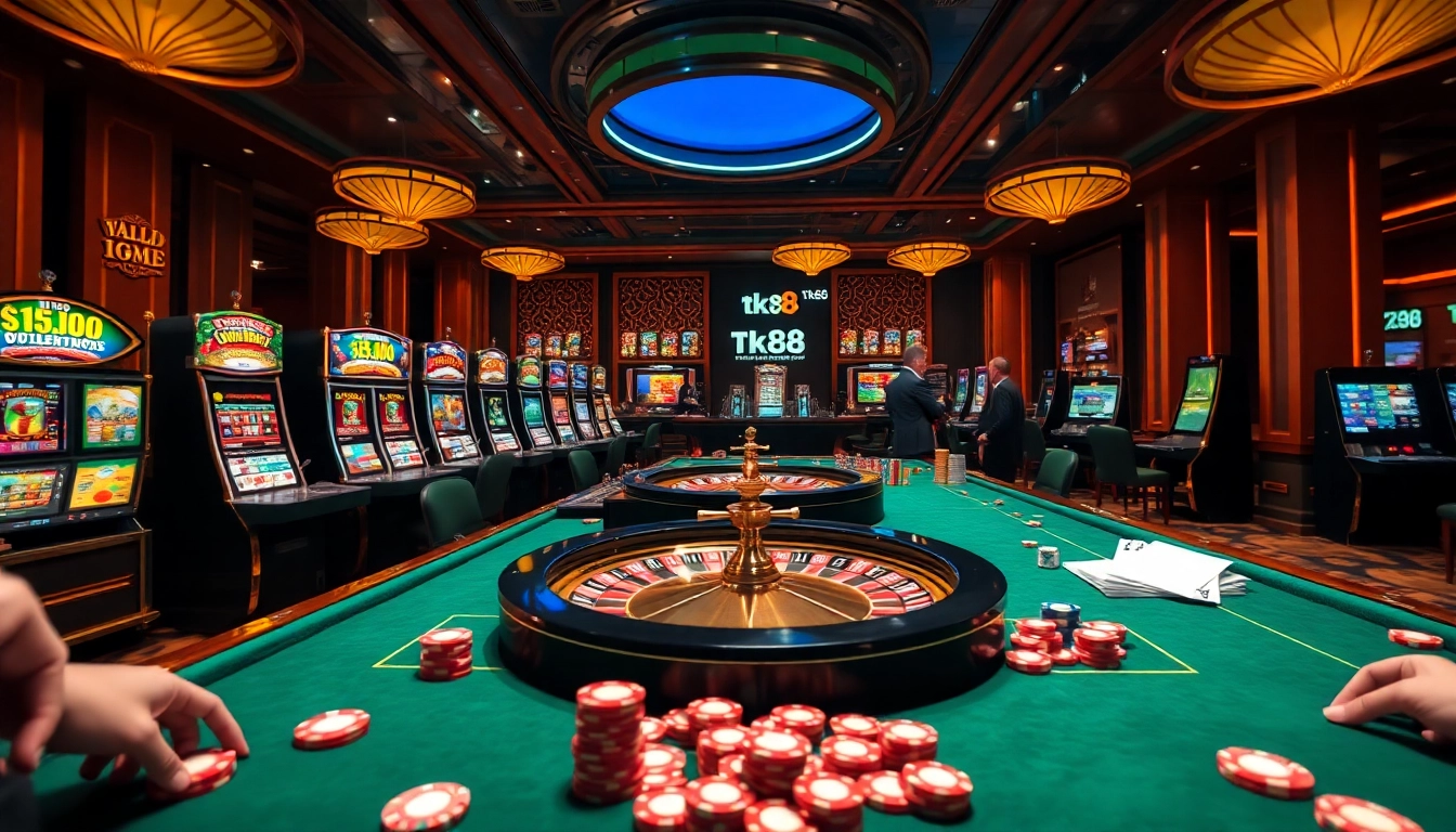 Players enjoying vibrant casino games at tk88, surrounded by colorful slot machines and poker tables.
