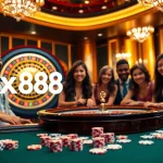 Players enjoying games at an elegant casino with the xx88 link prominently displayed.