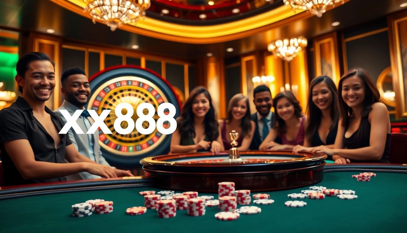 Players enjoying games at an elegant casino with the xx88 link prominently displayed.