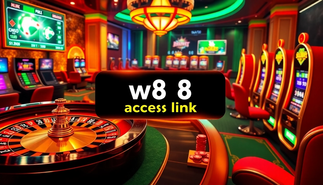 Liên kết truy cập W88, giới thiệu một casino trực tuyến sống động với bánh xe roulette, chip poker và máy đánh bạc.
