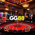 Excited players engaging at the GG88 roulette table with vibrant chips and luxurious ambiance.
