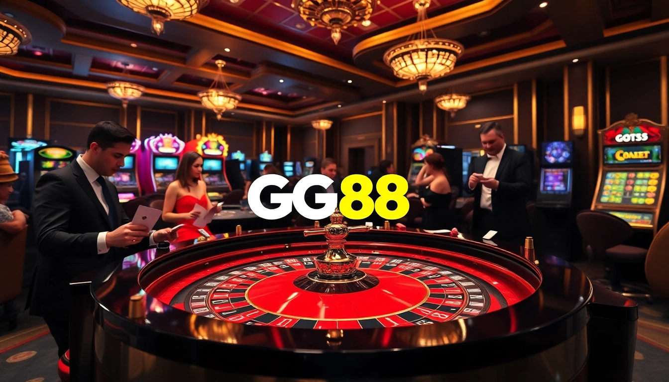 Excited players engaging at the GG88 roulette table with vibrant chips and luxurious ambiance.