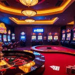 Players enjoying various games at a luxurious casino featuring rr88, vibrant roulette wheel, and elegant poker tables.
