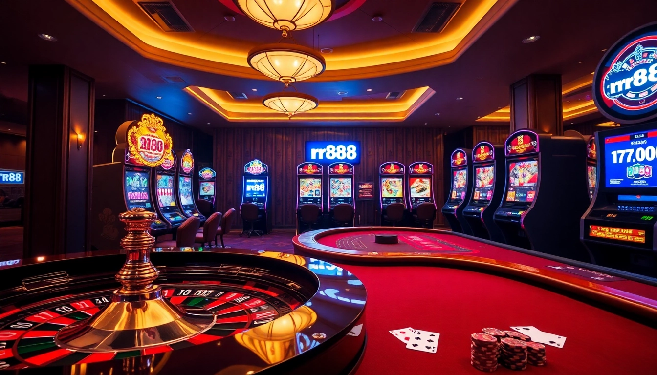 Players enjoying various games at a luxurious casino featuring rr88, vibrant roulette wheel, and elegant poker tables.
