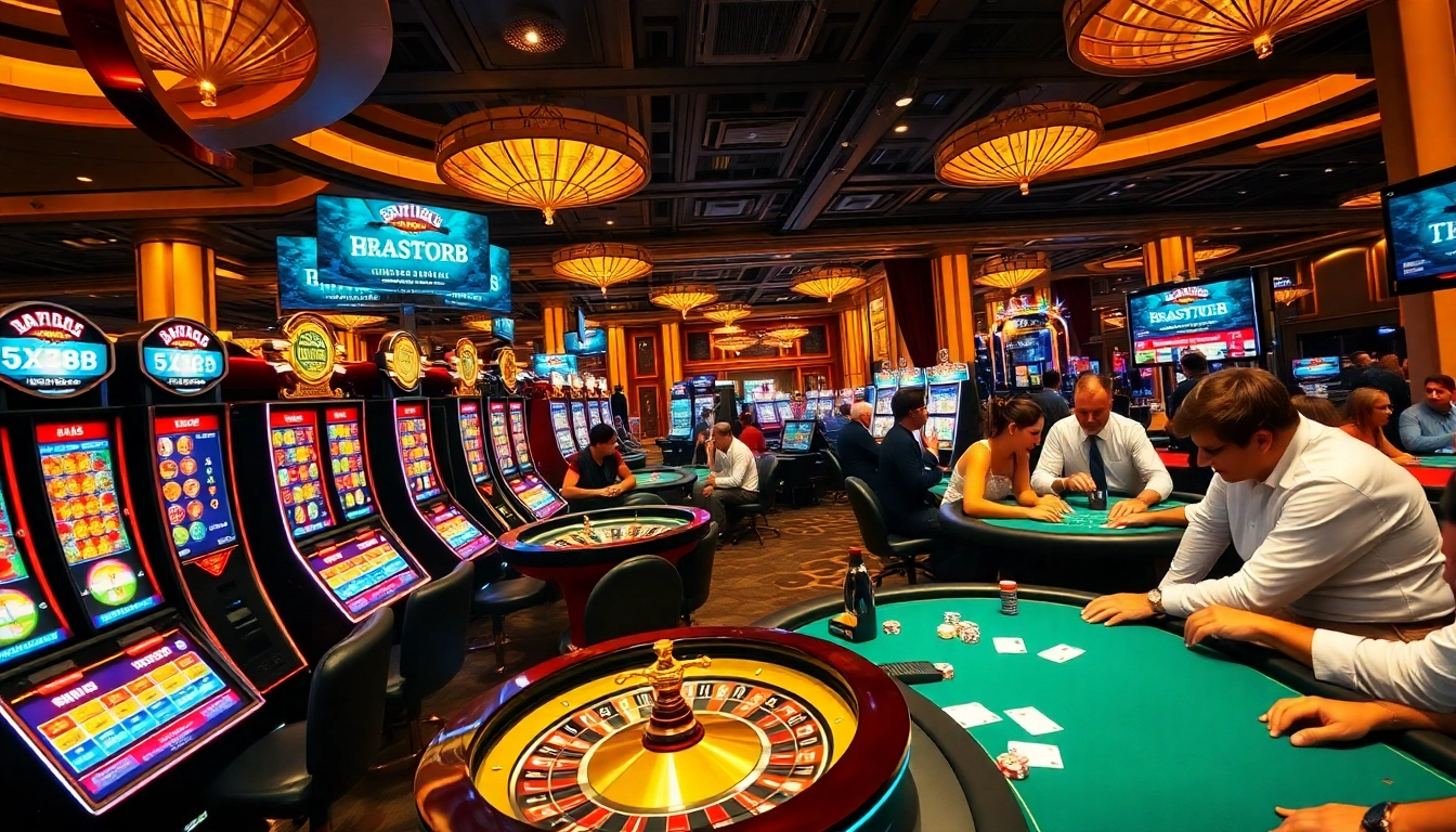 Players enjoying a vibrant casino atmosphere at https://xx88.pizza/, engaging in poker and slot games.