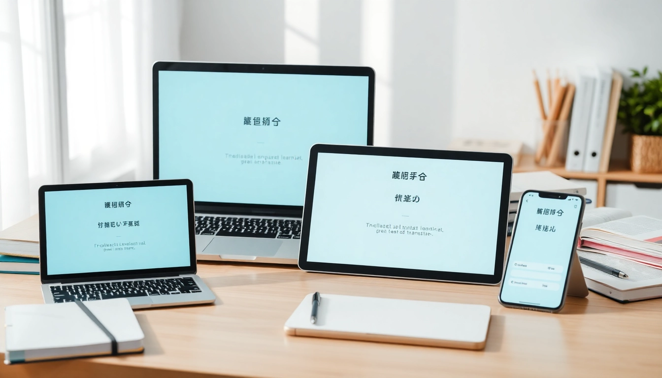 Explore the 有道词典 app interface on various devices in a serene digital workspace.