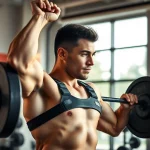 Shoulder brace for weightlifting on an athlete lifting a barbell in a modern gym.
