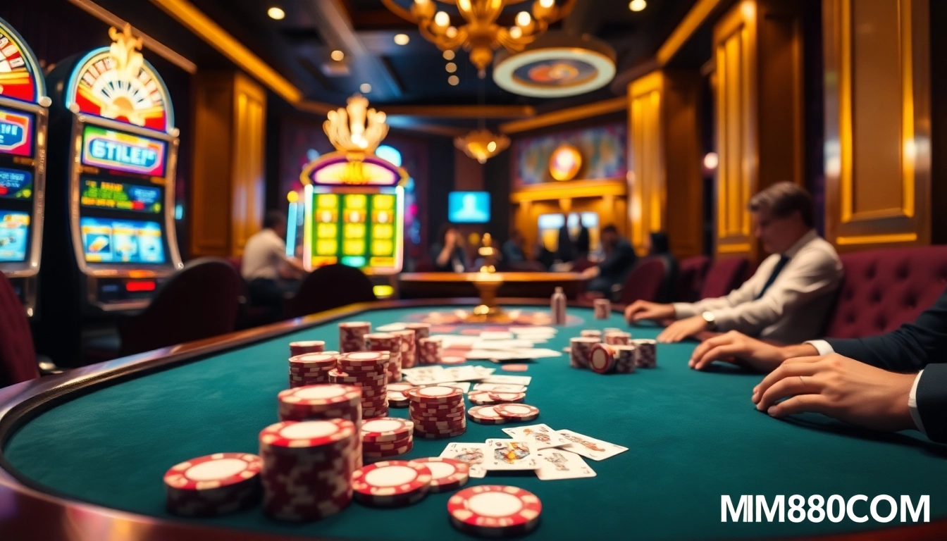 Engaged players at an MM88COM poker table, showcasing excitement and luxury in gambling.