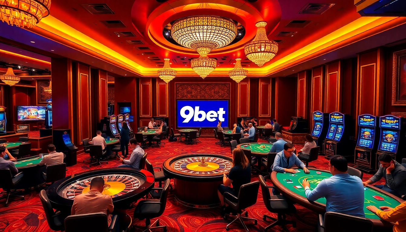 Players enjoying thrilling games at 9bet casino, featuring roulette, poker, and slot machines.