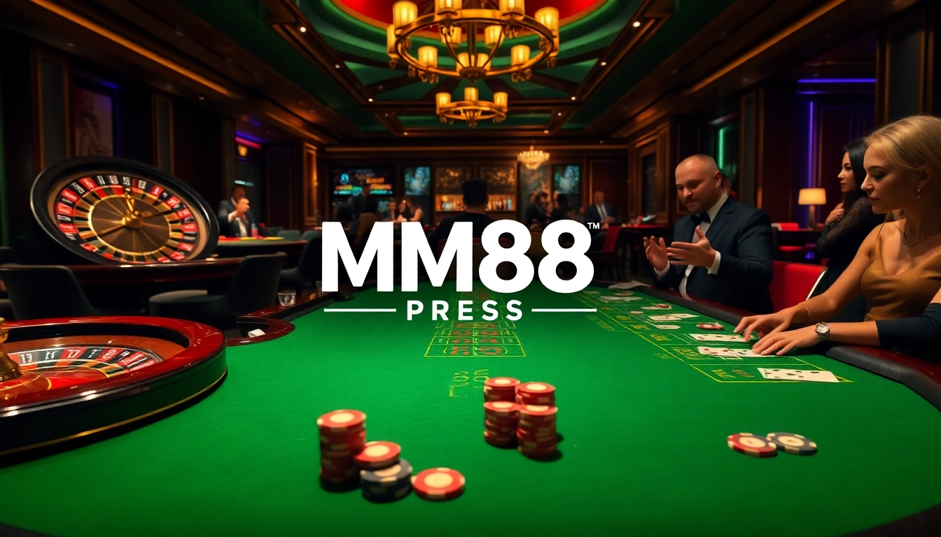 Engaged players enjoying their time at MM88 PRESS casino tables featuring vibrant roulette and poker games.