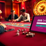 Experience luxury with 255BET Login on a sleek tablet amidst a vibrant casino scene.