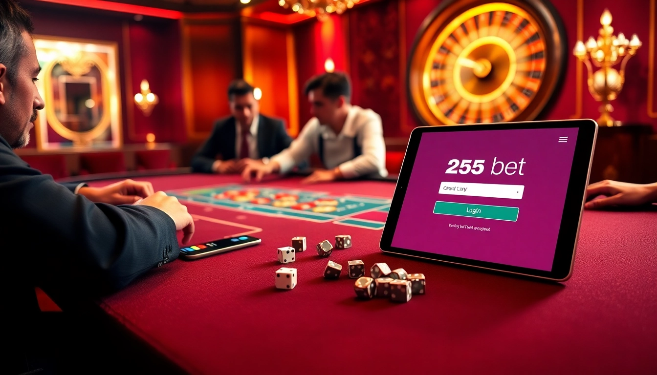 Experience luxury with 255BET Login on a sleek tablet amidst a vibrant casino scene.