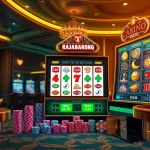 RAJABARONG offers an exciting online gambling experience featuring vibrant slot machines and betting slips.