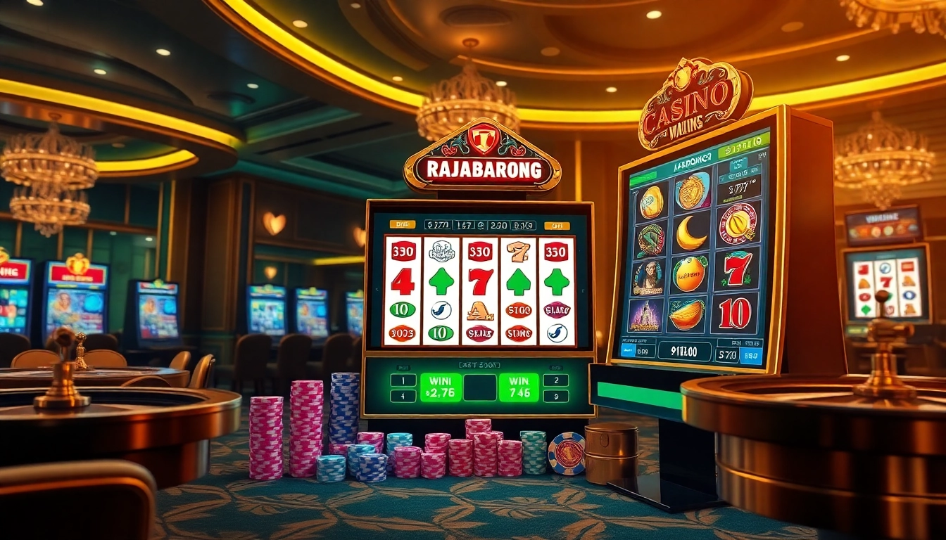 RAJABARONG offers an exciting online gambling experience featuring vibrant slot machines and betting slips.