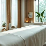 Spa Ads showcasing a tranquil treatment room with organic products and soothing decor.