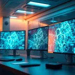 Innovative workspace showcasing AI-generated porn ai digital artwork with multiple screens and ambient lighting.