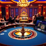Engaging gamblers at a bustling casino with a Fun88 link interface, showcasing poker chips and roulette excitement.