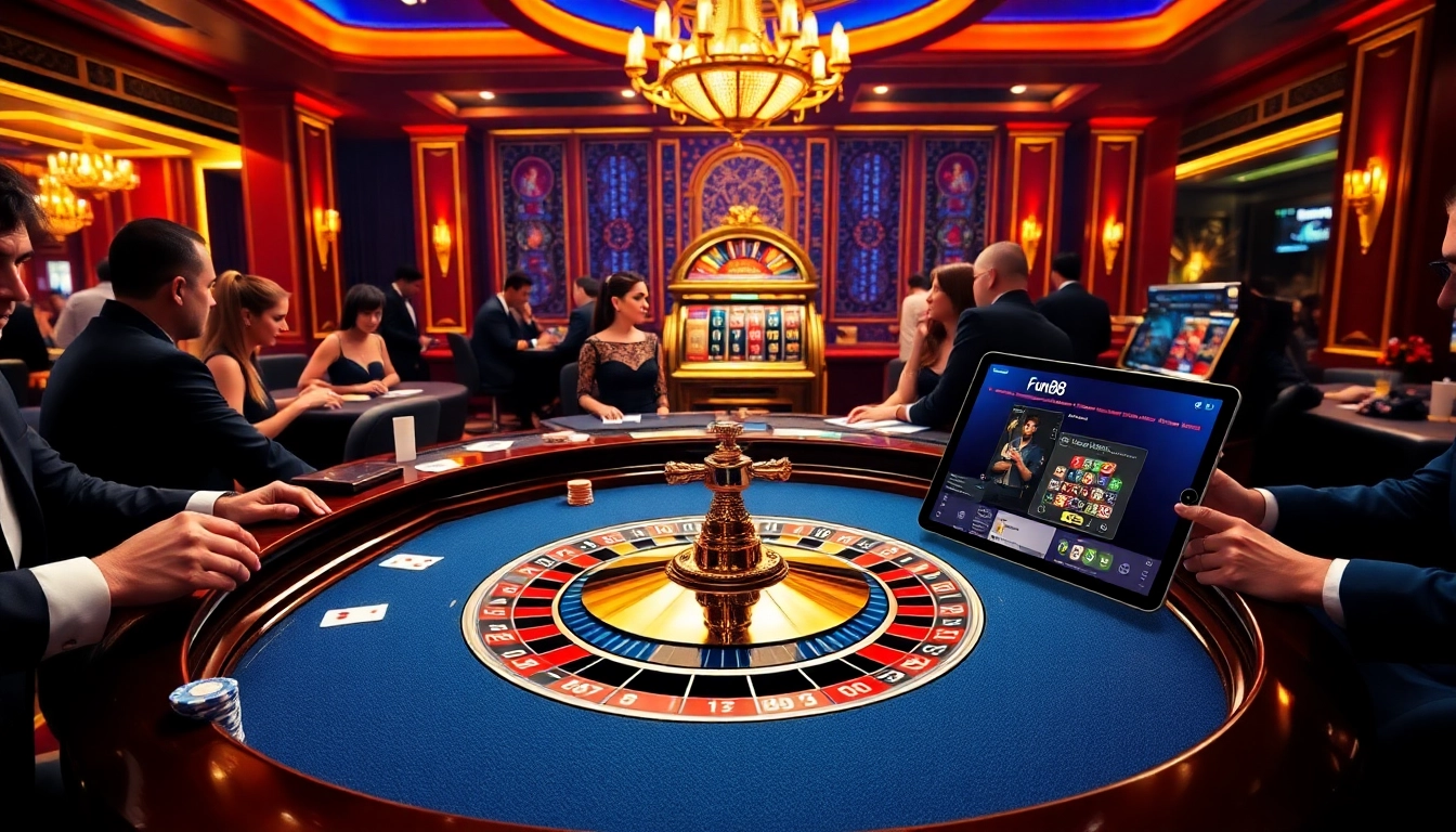 Engaging gamblers at a bustling casino with a Fun88 link interface, showcasing poker chips and roulette excitement.