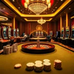 Experience high-stakes gambling excitement at an elegant GO8-themed casino with roulette wheels and poker tables.
