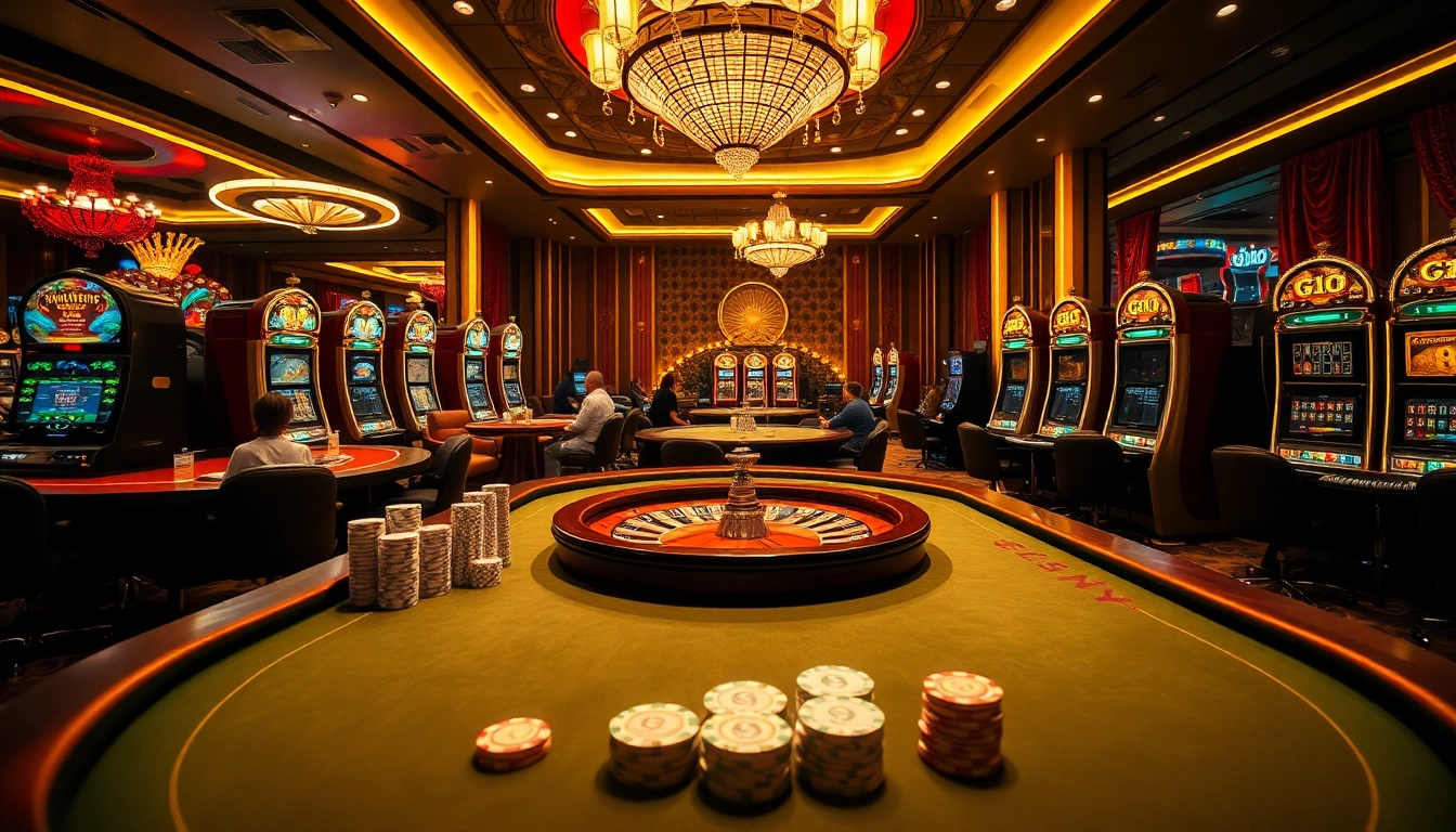 Experience high-stakes gambling excitement at an elegant GO8-themed casino with roulette wheels and poker tables.