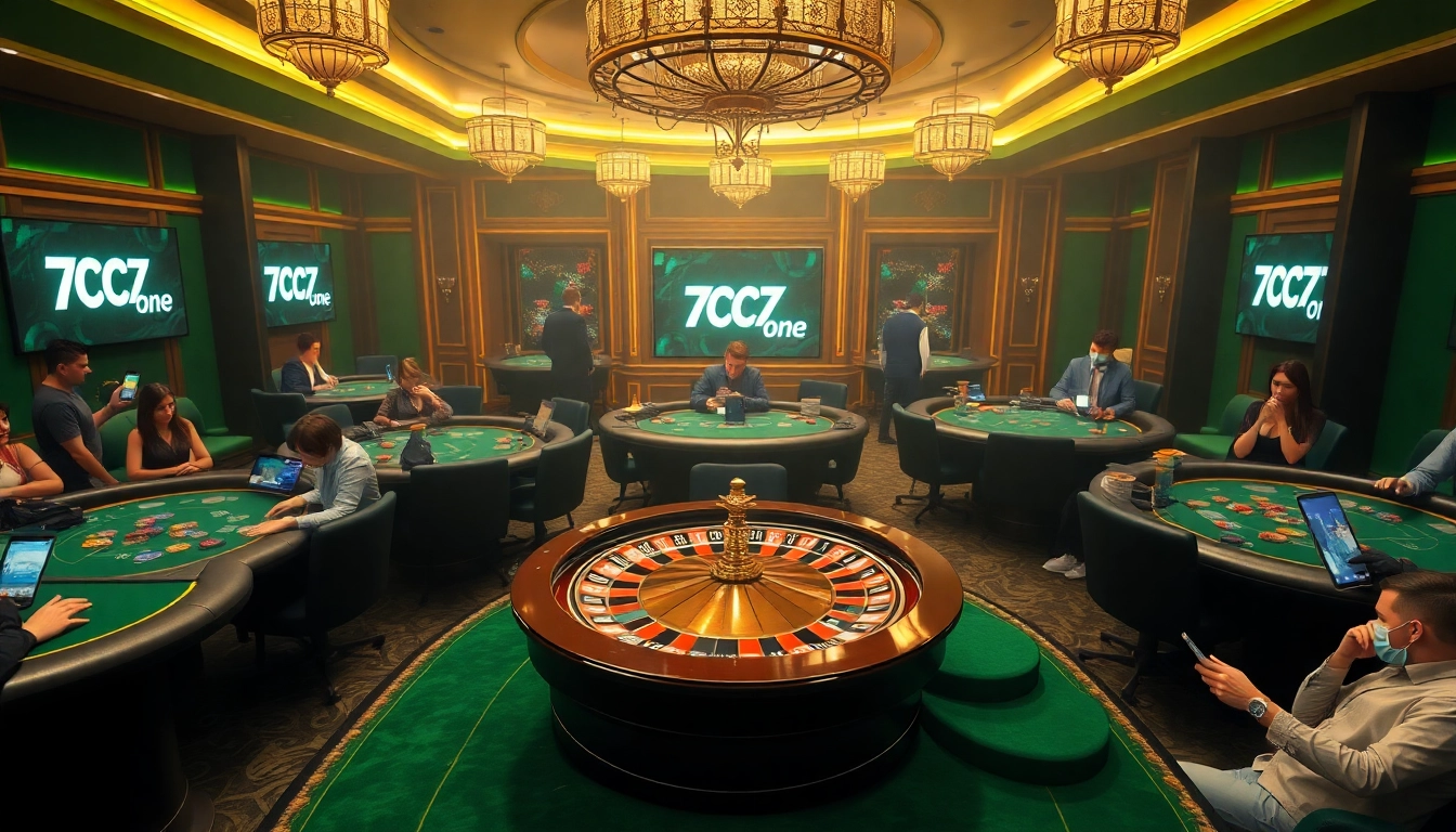 Experience the thrill of 7C77 one with luxurious casino gaming, featuring roulette and poker tables.