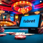 The excitement of gambling at a professional poker table, featuring chips and cards, while highlighting https://fabet.free/ for online access.