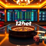 Experience vibrant online gambling action at 12bet with poker chips and a roulette wheel.