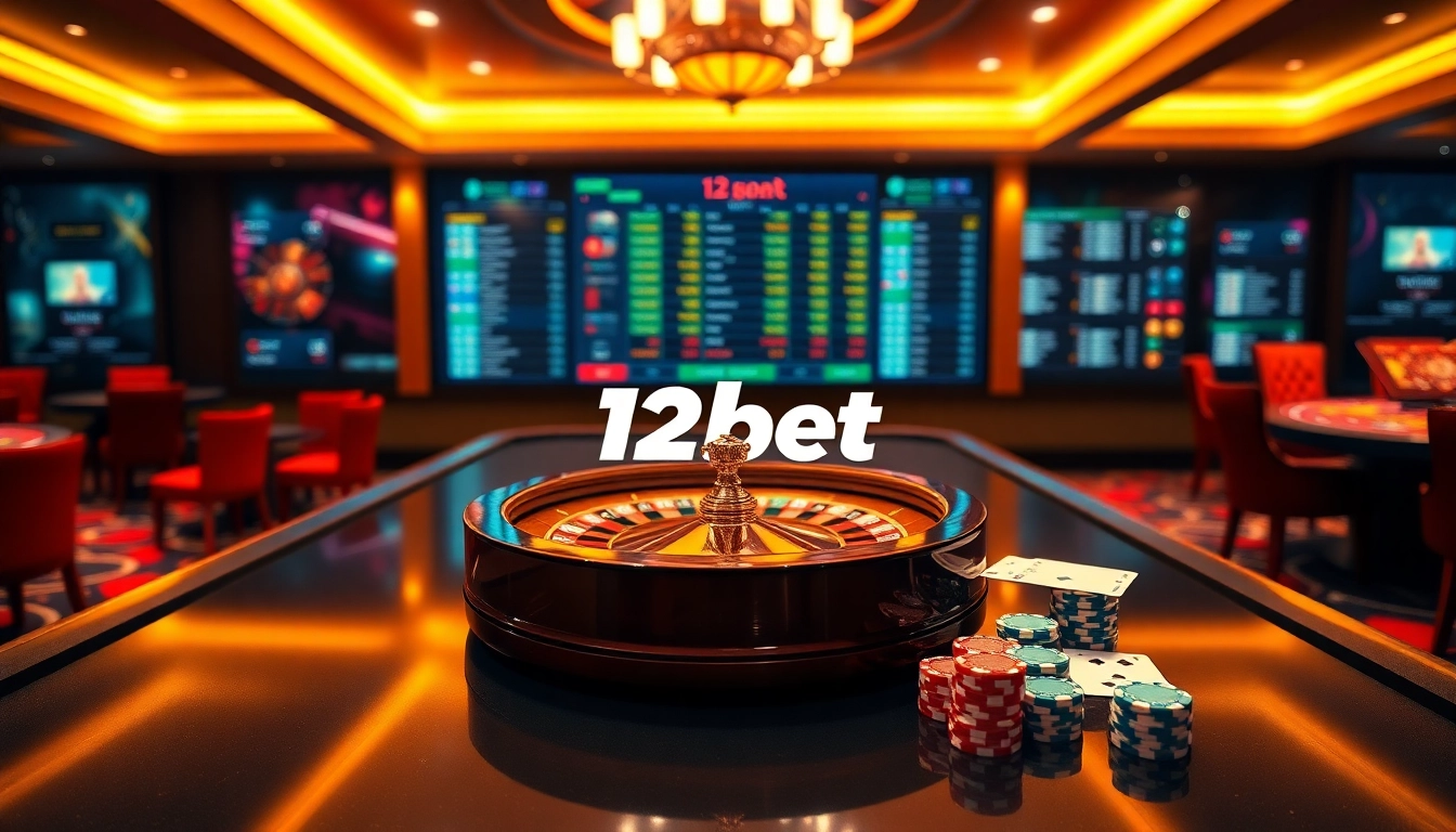 Experience vibrant online gambling action at 12bet with poker chips and a roulette wheel.