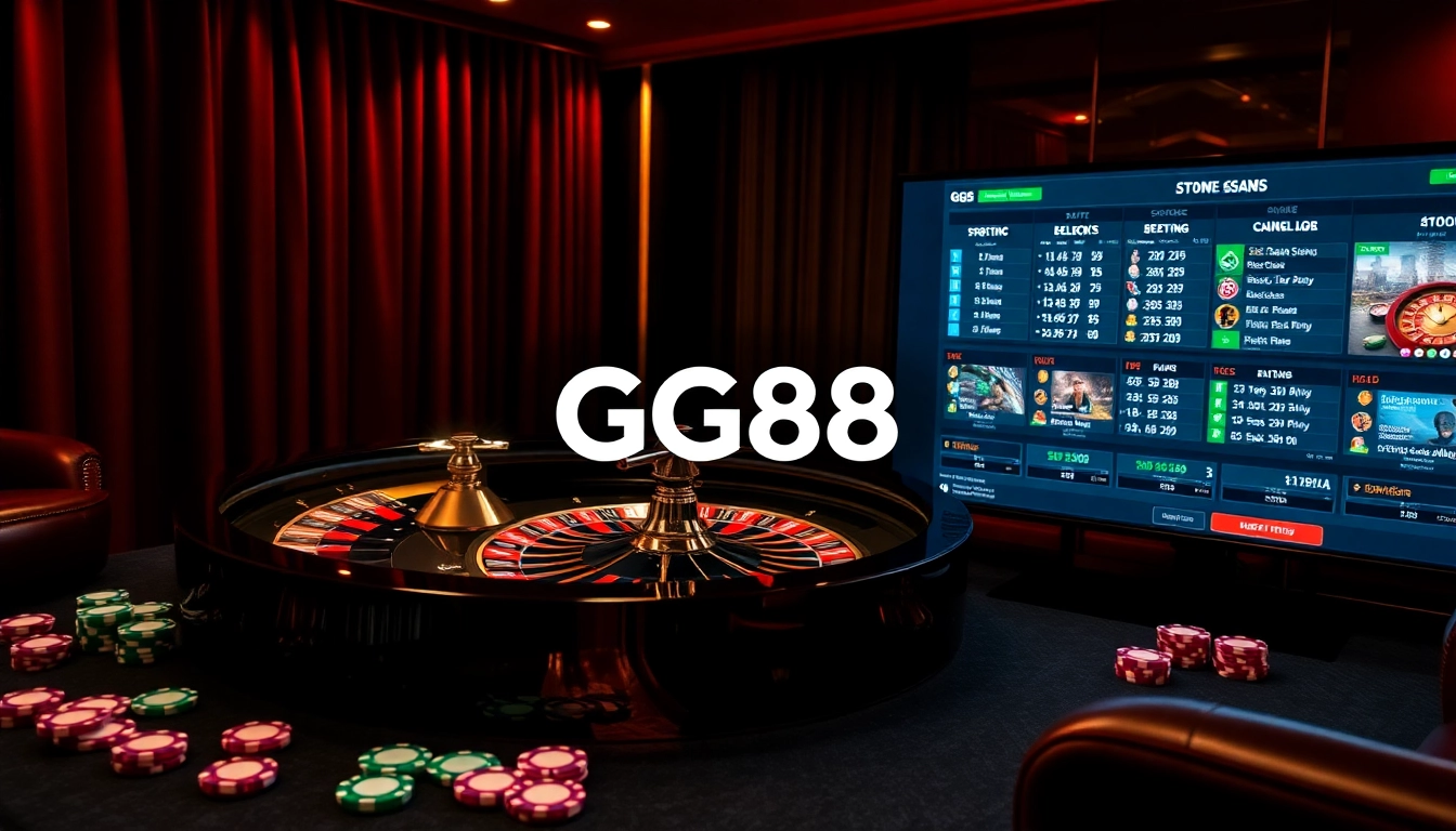 Experience thrilling gaming at https://gg88.shop/ with a vibrant casino scene featuring roulette and poker chips.