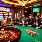 Excited players enjoying a vibrant casino scene at 99WIN with roulette, poker, and slot machines.