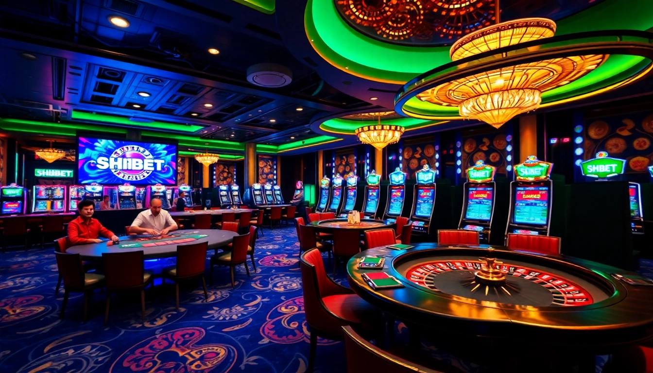 Experience the excitement of SHBET with a vibrant casino scene featuring diverse gambling activities.