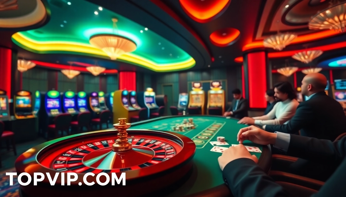 Players enjoying games at TOPVIP.COM casino with roulette and poker tables in a luxurious setting.