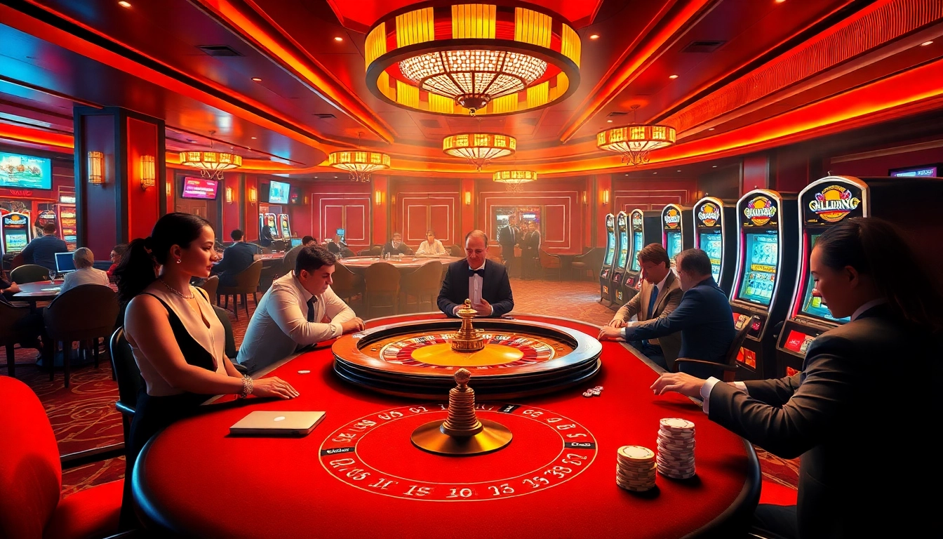 Action-packed gambling scene at a luxurious casino highlighting Hello88 with enthusiastic players.
