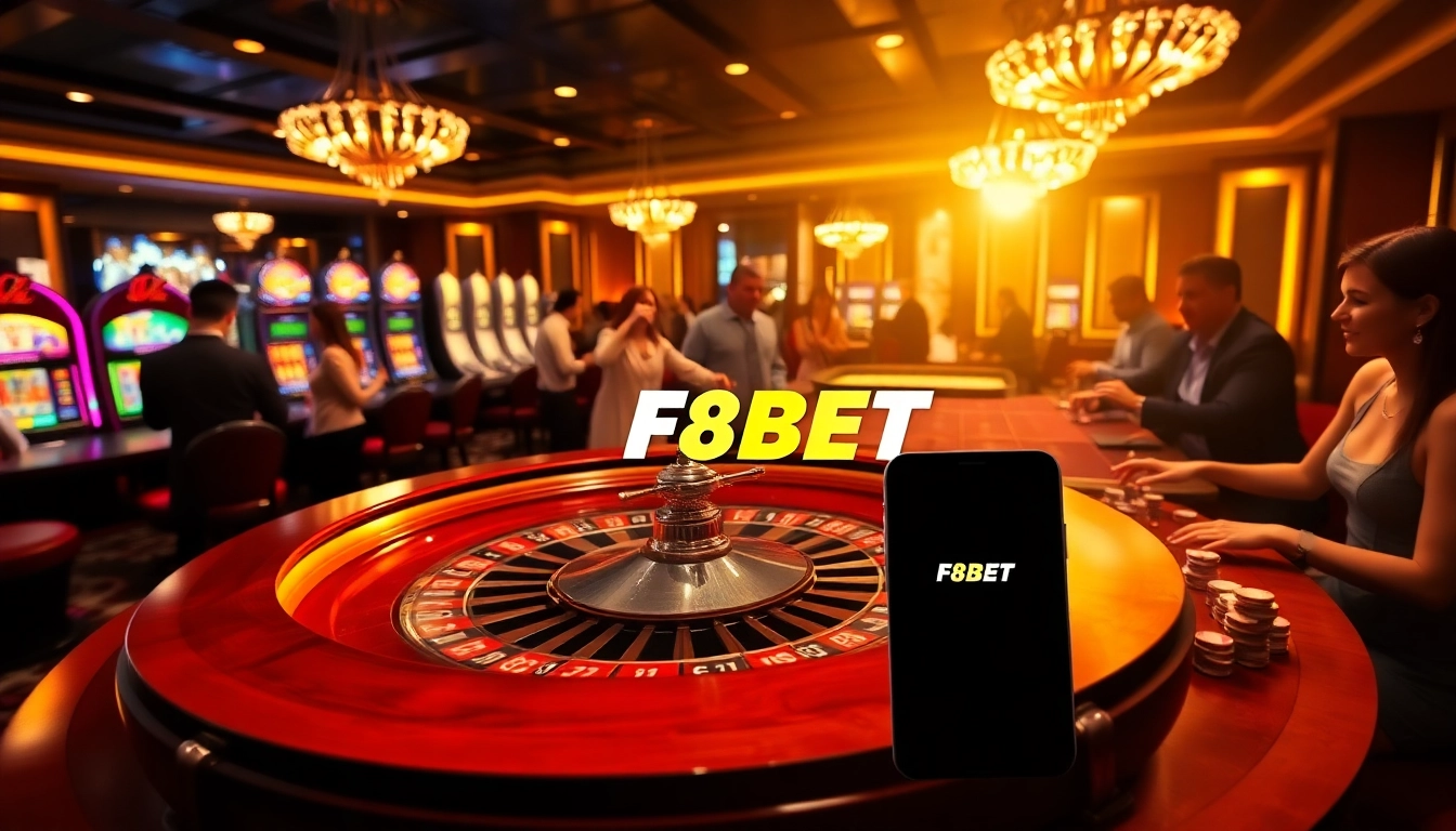 Exciting gambling scene at F8BET casino with roulette, poker, and slot machines.