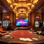 Experience the thrill of gameplay at go8.com with an exciting casino atmosphere, featuring poker tables and slot machines.
