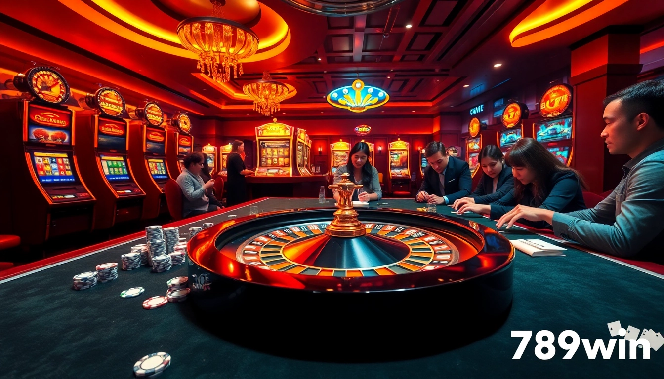 Experience the excitement of 789win at a luxurious casino with table games and vibrant decor.