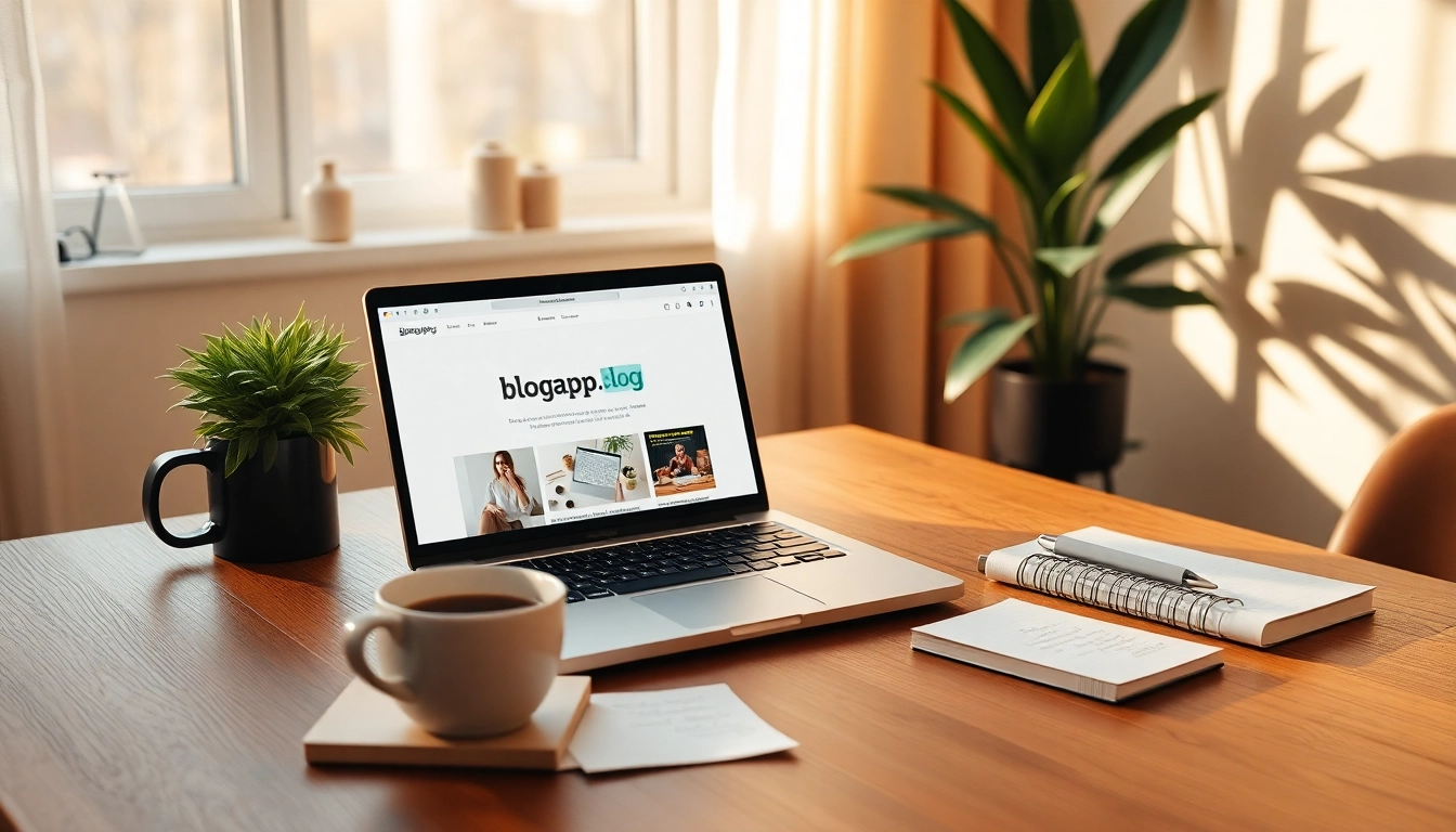 Inviting workspace scene featuring blogapp.blog on a laptop, surrounded by cozy decor and natural light.