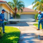 Pressure wash service team cleaning a driveway in Kissimmee, enhancing curb appeal.