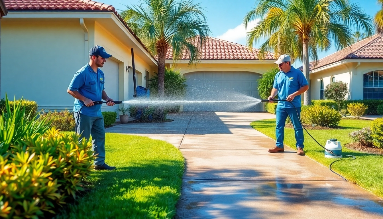 Pressure wash service team cleaning a driveway in Kissimmee, enhancing curb appeal.