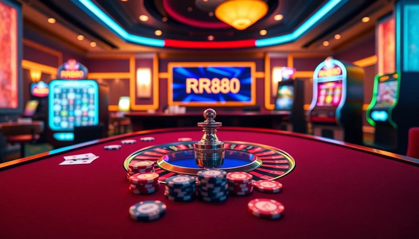Experience the excitement of RR88 with vibrant casino visuals and engaging gaming elements.